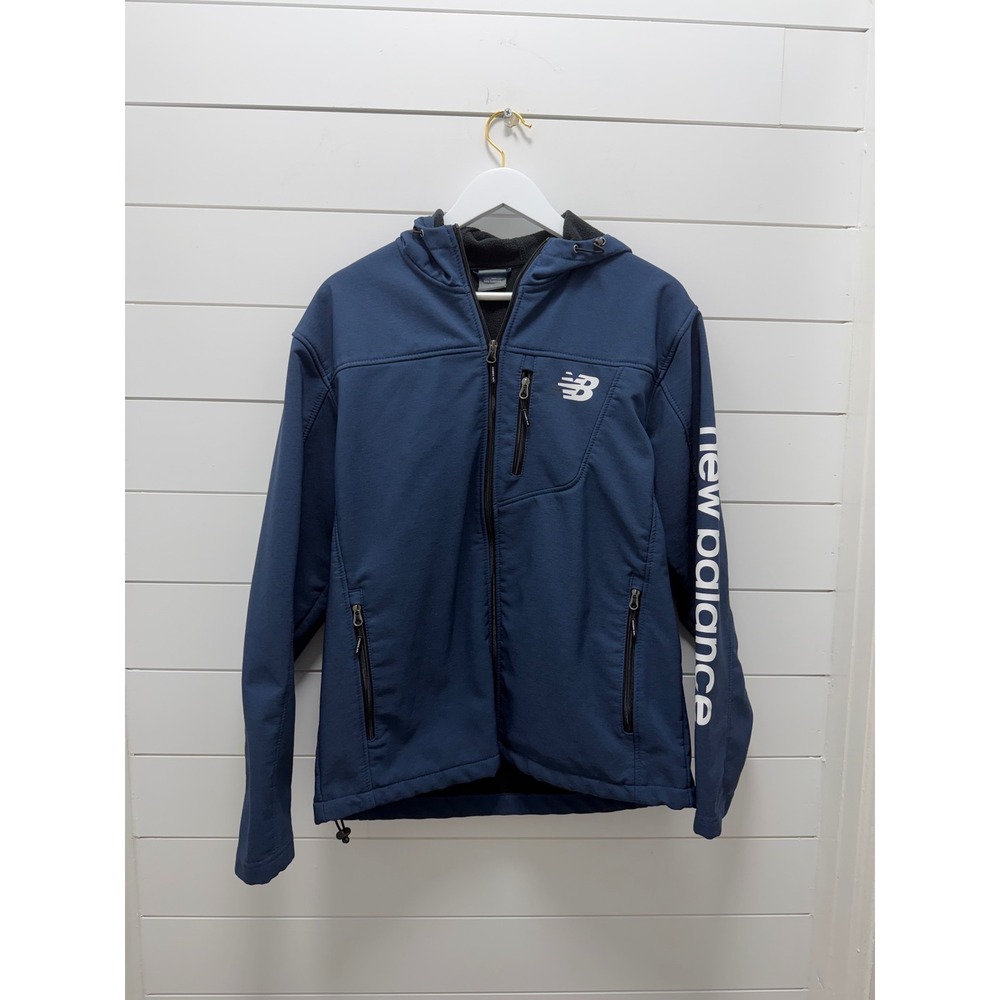 New Balance Mens Size L Full Zip Lightweight Fleece Lined Blue Hooded Jacket